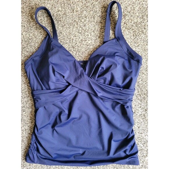 Swim Top Navy 16W DD Solid Wrap Front Tummy Control 1X Underwire Lands End S858 - Picture 2 of 10